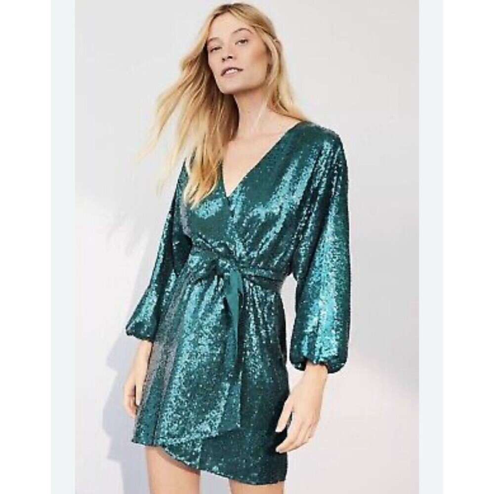 Anthropologie Lisabette Sequined Mini Dress Size XS Faux Wrap Green Long Sleeve